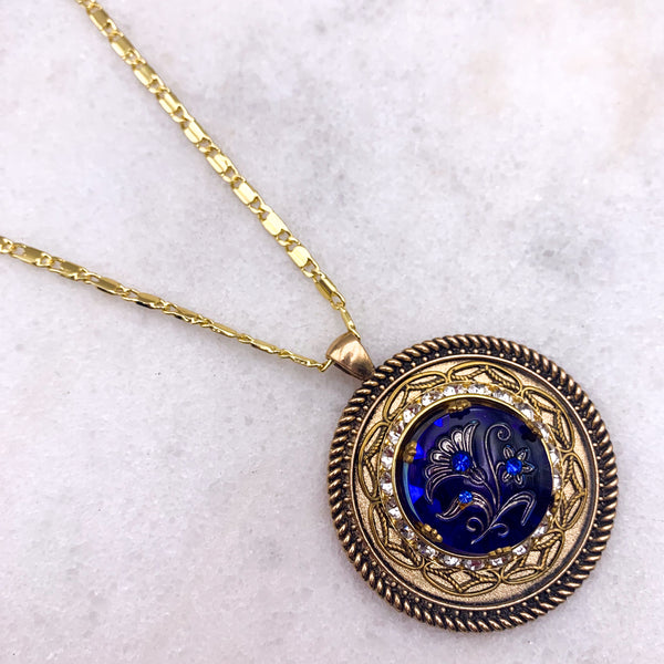 Cobalt Victorian Floral Crystal | Handmade in Australia | Gold Necklace 