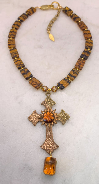 Baroque Cross | Amber Crystal  | Czech Vintage Bead | Handmade in Australia