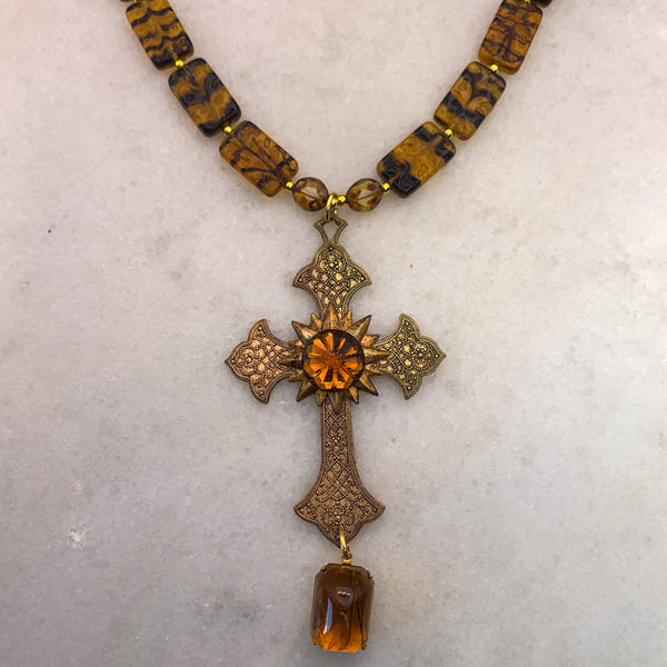 Baroque Cross | Amber Crystal  | Czech Vintage Bead | Handmade in Australia