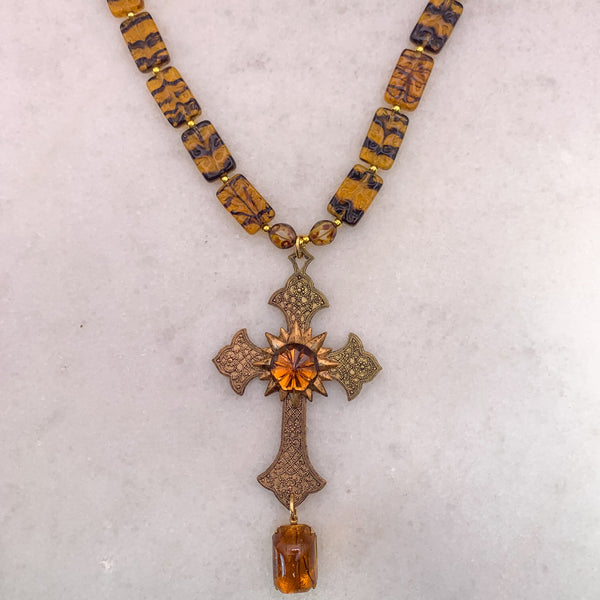 Baroque Cross | Amber Crystal  | Czech Vintage Bead | Handmade in Australia