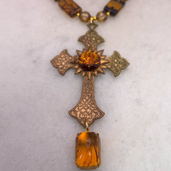 Baroque Cross | Amber Crystal  | Czech Vintage Bead | Handmade in Australia