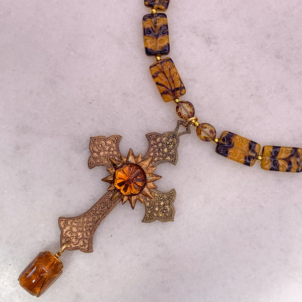 Baroque Cross | Amber Crystal  | Czech Vintage Bead | Handmade in Australia