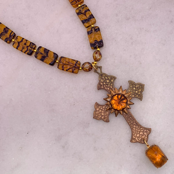 Baroque Cross | Amber Crystal  | Czech Vintage Bead | Handmade in Australia