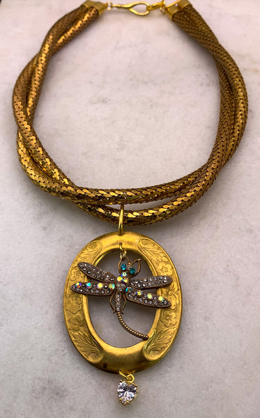 Vintage Crystal Dragonfly | Handmade in Australia | Gold Vintage Necklace | Hollywood Glamour