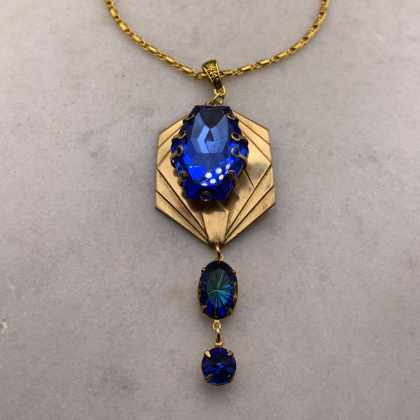 Blue Crystal Necklace | Gold | Vintage Style | Handmade in Australia