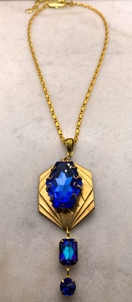 Blue Crystal Necklace | Gold | Vintage Style | Handmade in Australia