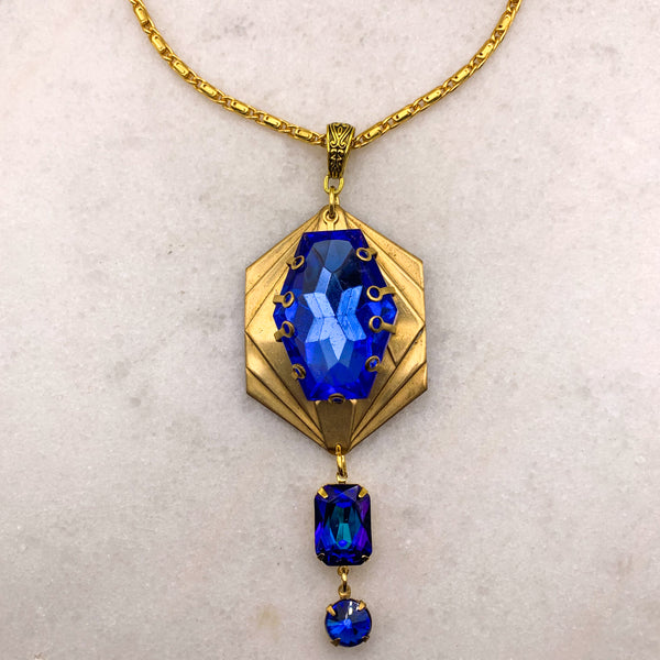 Blue Crystal Necklace | Gold | Vintage Style | Handmade in Australia