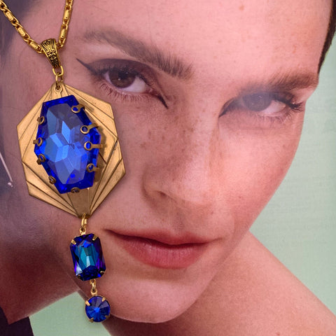 Blue Crystal Necklace | Gold | Vintage Style | Handmade in Australia