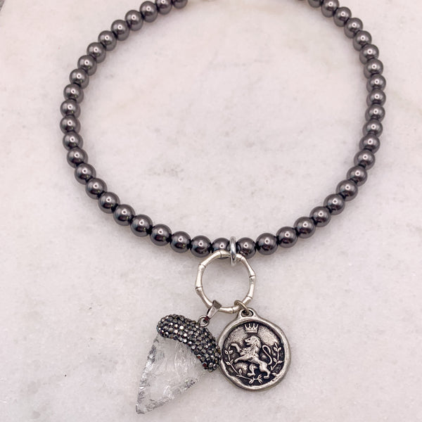 Rock Crystal | Hematite | Lion Medallion | Handmade in Australia