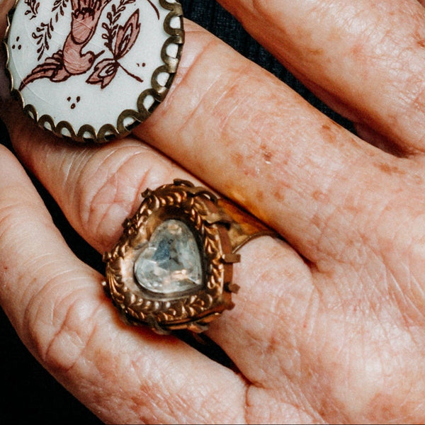 Vintage Cut Crystal Heart Classic Poison Heart Ring Adjustable Ring