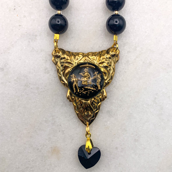 French Jet Necklace | Gold | Oriental Vintage Cameo | Handmade in Australia