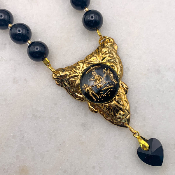 French Jet Necklace | Gold | Oriental Vintage Cameo | Handmade in Australia