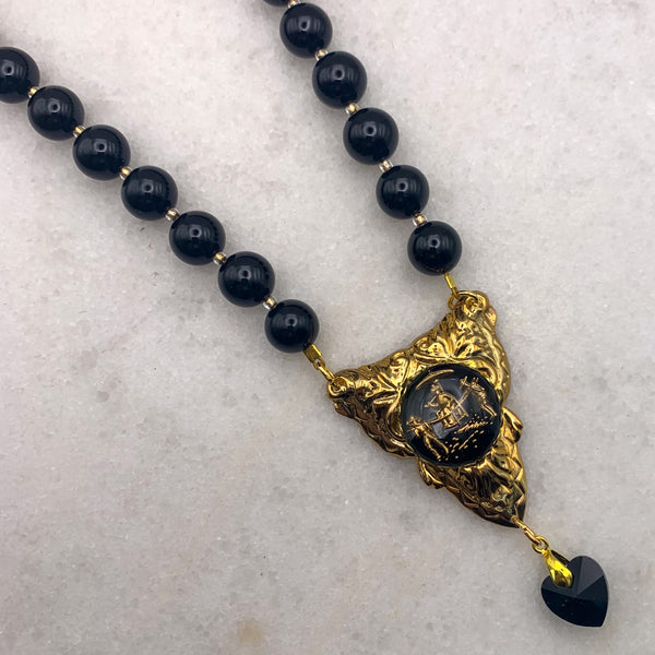 French Jet Necklace | Gold | Oriental Vintage Cameo | Handmade in Australia
