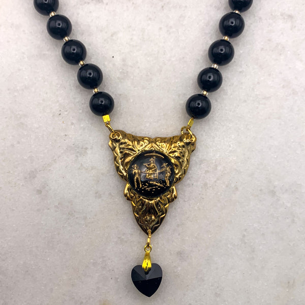 French Jet Necklace | Gold | Oriental Vintage Cameo | Handmade in Australia
