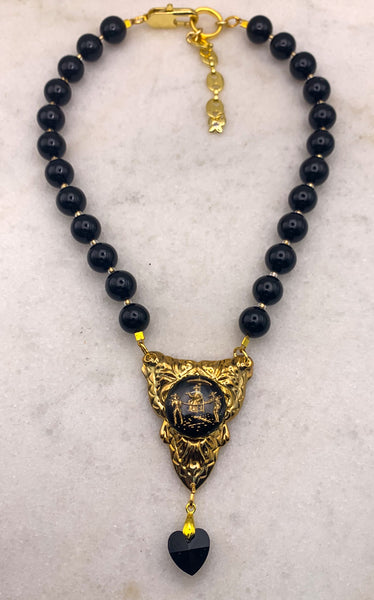 French Jet Necklace | Gold | Oriental Vintage Cameo | Handmade in Australia