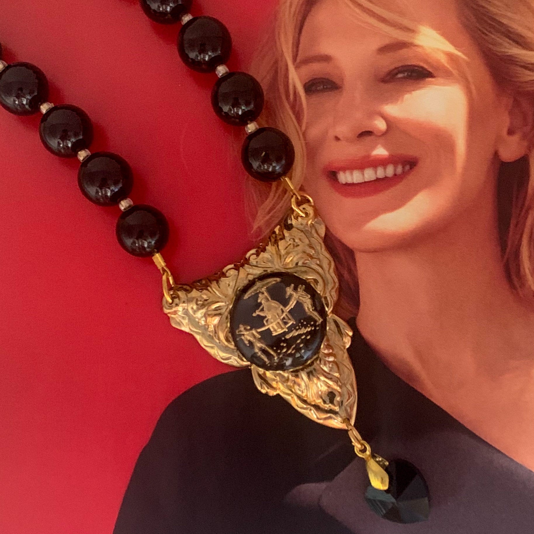 French Jet Necklace | Gold | Oriental Vintage Cameo | Handmade in Australia