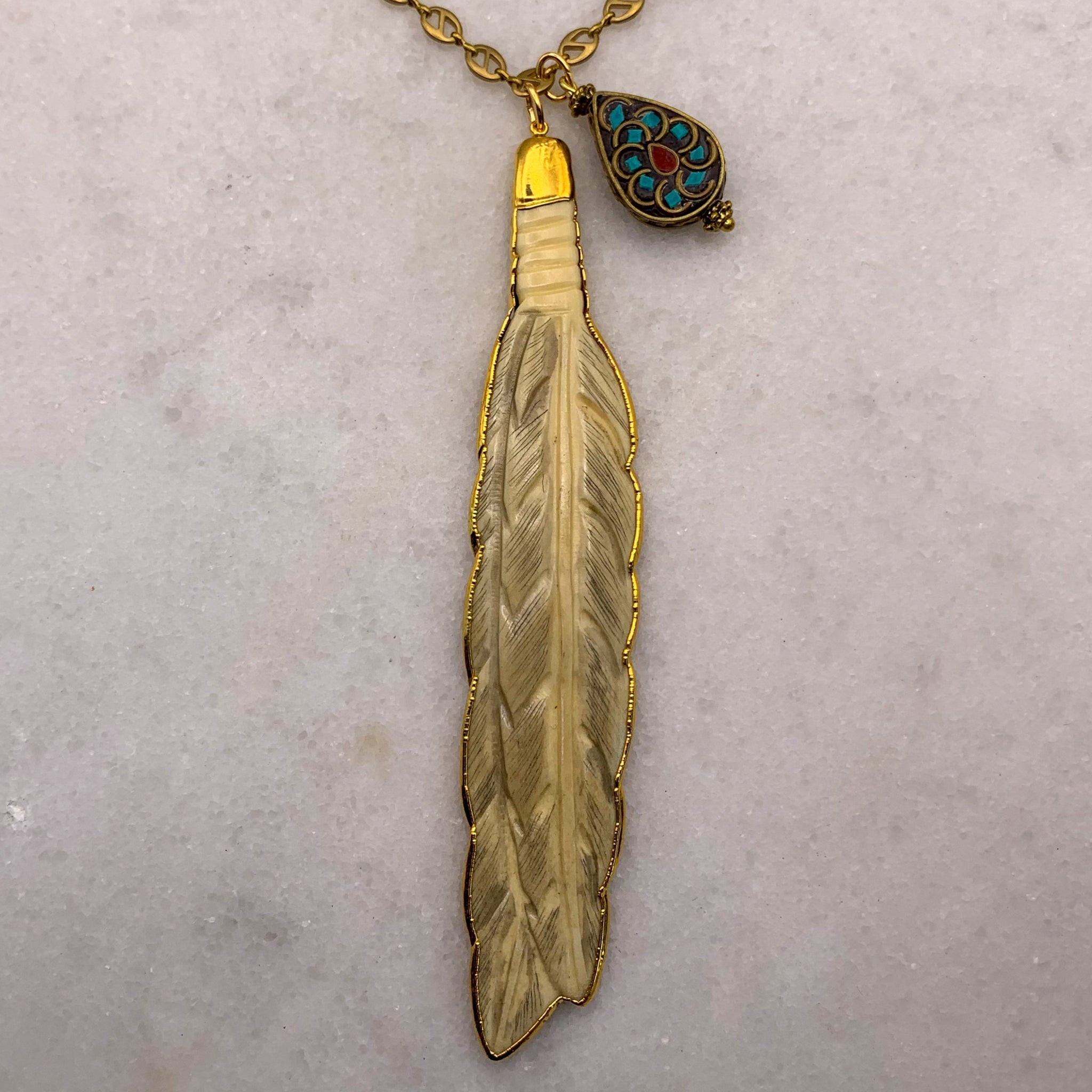 Carved Bone Feather | Vintage Gucci Chain | Vintage Tibetan Turquoise and Coral Bead | Handmade in Australia 