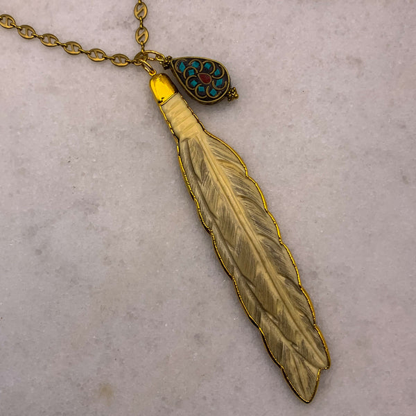 Carved Bone Feather | Vintage Gucci Chain | Vintage Tibetan Turquoise and Coral Bead | Handmade in Australia 