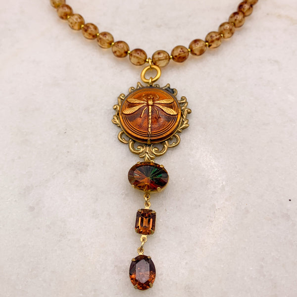 Vintage Dragonfly Necklace | Amber Bead | Bohemian | Handmade in Australia