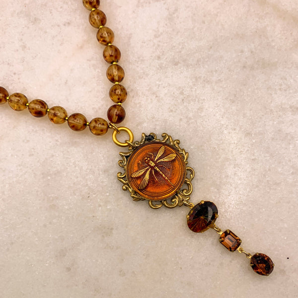 Vintage Dragonfly Necklace | Amber Bead | Bohemian | Handmade in Australia