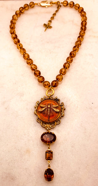 Vintage Dragonfly Necklace | Amber Bead | Bohemian | Handmade in Australia