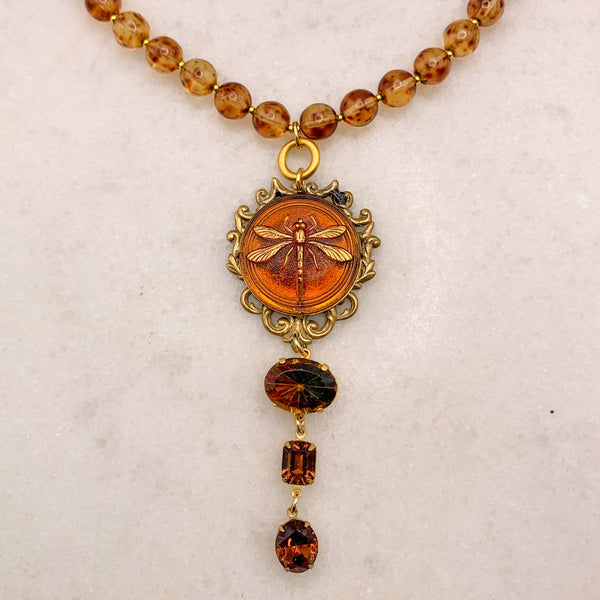 Vintage Dragonfly Necklace | Amber Bead | Bohemian | Handmade in Australia