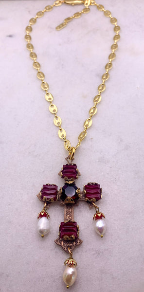 Garnet Cross Necklace | Handmade in Australia | Gold Chain | Byzantine