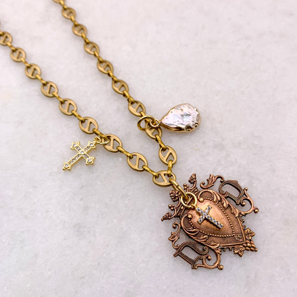 Vintage French Heart | Baroque | Freshwater Pearl | Gold Cross | Handmade in Australia