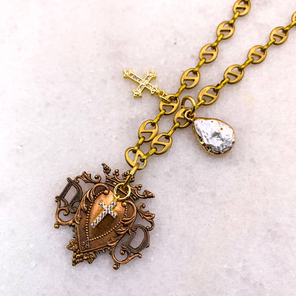 Vintage French Heart | Baroque | Freshwater Pearl | Gold Cross | Handmade in Australia