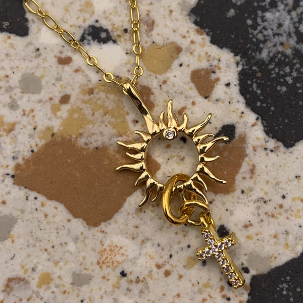 Gold Sun Charm Pendant | Diamante Cross | Handmade in Australia