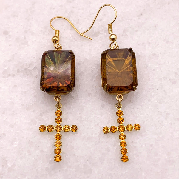 Cross Earrings | Vintage Jewellery | Sunray | Topaz Crystal