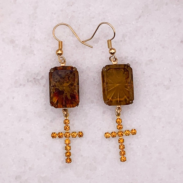 Cross Earrings | Vintage Jewellery | Sunray | Topaz Crystal