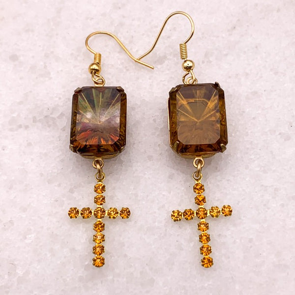 Cross Earrings | Vintage Jewellery | Sunray | Topaz Crystal