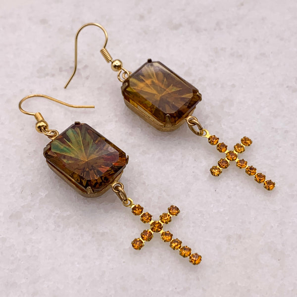 Cross Earrings | Vintage Jewellery | Sunray | Topaz Crystal