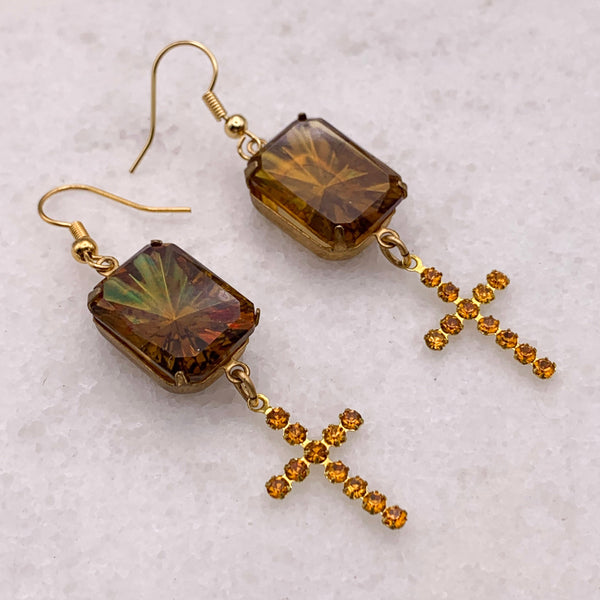 Cross Earrings | Vintage Jewellery | Sunray | Topaz Crystal