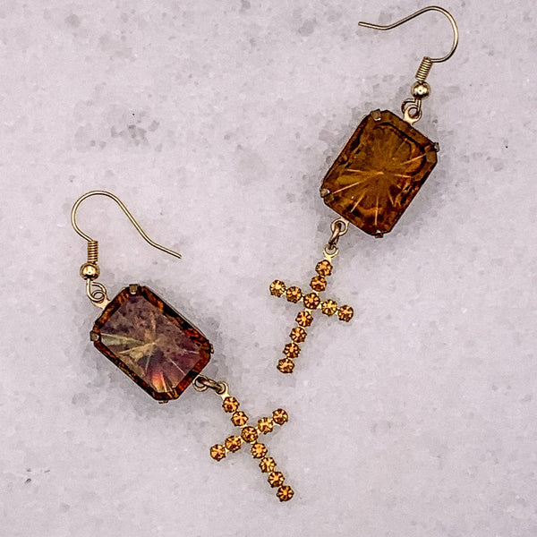 Cross Earrings | Vintage Jewellery | Sunray | Topaz Crystal