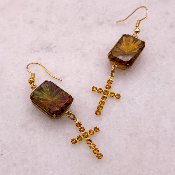 Cross Earrings | Vintage Jewellery | Sunray | Topaz Crystal