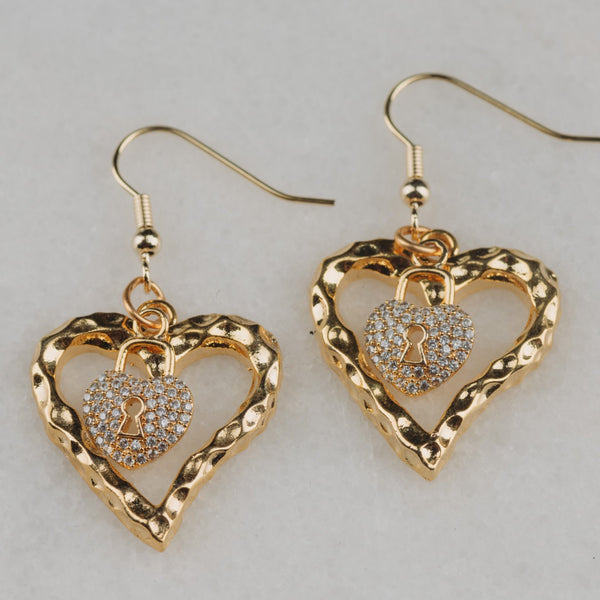 Heart Earrings | Handmade in Australia | Gold Filled | Diamante Heart Lock | Vintage Jewellery