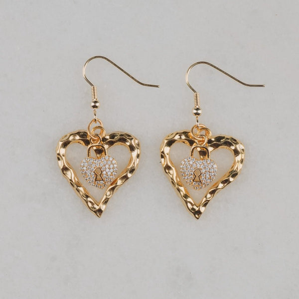 Heart Earrings | Handmade in Australia | Gold Filled | Diamante Heart Lock | Vintage Jewellery