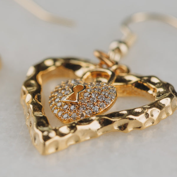 Heart Earrings | Handmade in Australia | Gold Filled | Diamante Heart Lock | Vintage Jewellery