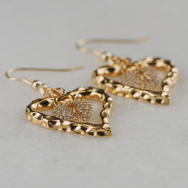 Heart Earrings | Handmade in Australia | Gold Filled | Diamante Heart Lock | Vintage Jewellery