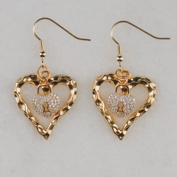 Heart Earrings | Handmade in Australia | Gold Filled | Diamante Heart Lock | Vintage Jewellery