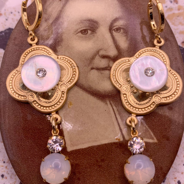 Gold Medallion Earrings | Art Nouveau Mother of Pearl | Bohemian Style | Crystal