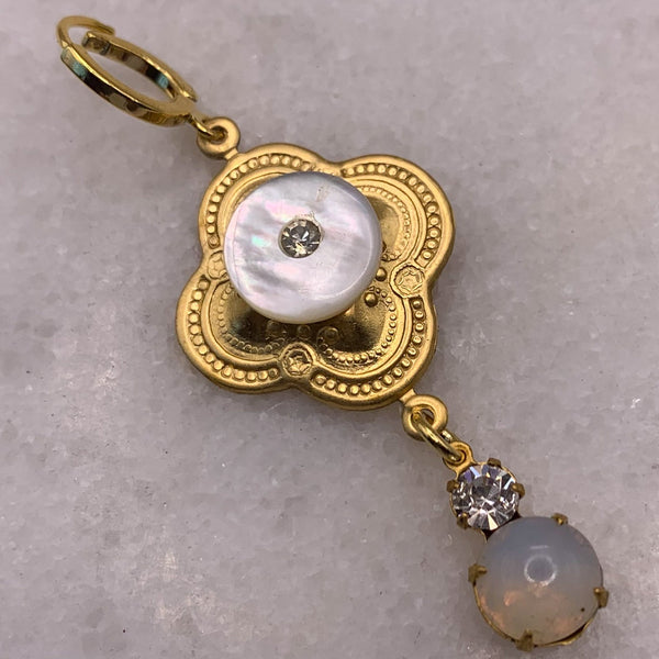 Gold Medallion Earrings | Art Nouveau Mother of Pearl | Bohemian Style | Crystal