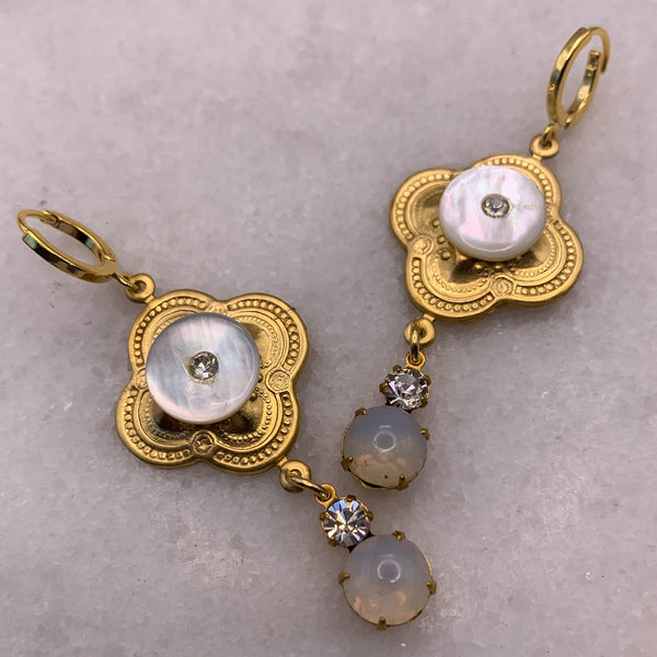 Gold Medallion Earrings | Art Nouveau Mother of Pearl | Bohemian Style | Crystal