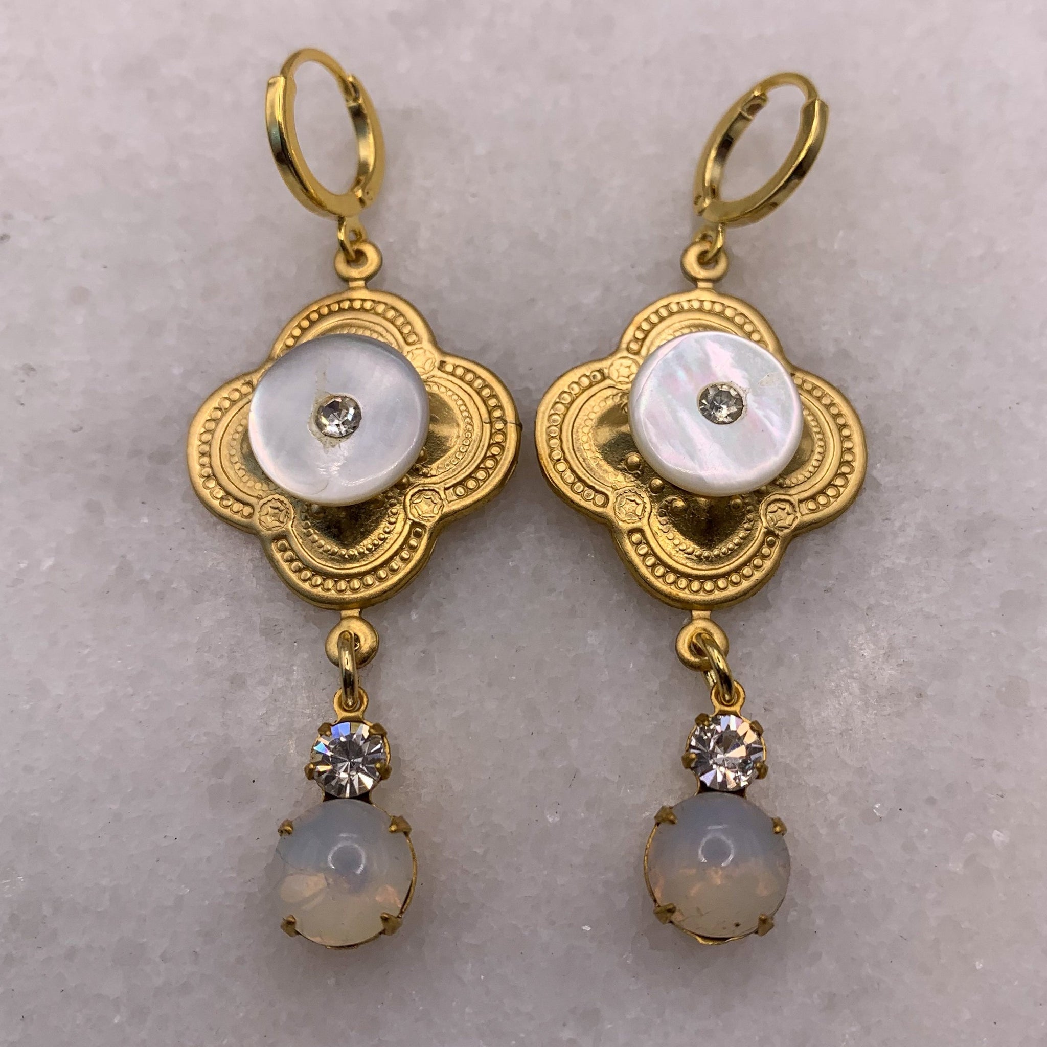 Gold Medallion Earrings | Art Nouveau Mother of Pearl | Bohemian Style | Crystal