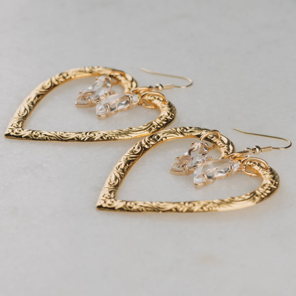 Heart Earrings | Vintage Jewellery | Crystal Butterfly | Butterfly Earrings