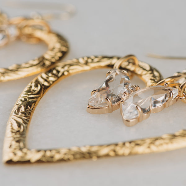Heart Earrings | Vintage Jewellery | Crystal Butterfly | Butterfly Earrings