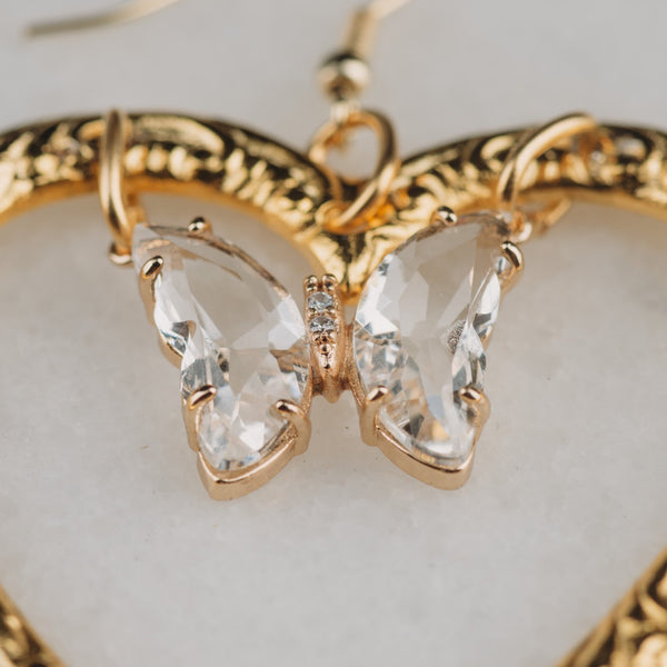 Heart Earrings | Vintage Jewellery | Crystal Butterfly | Butterfly Earrings