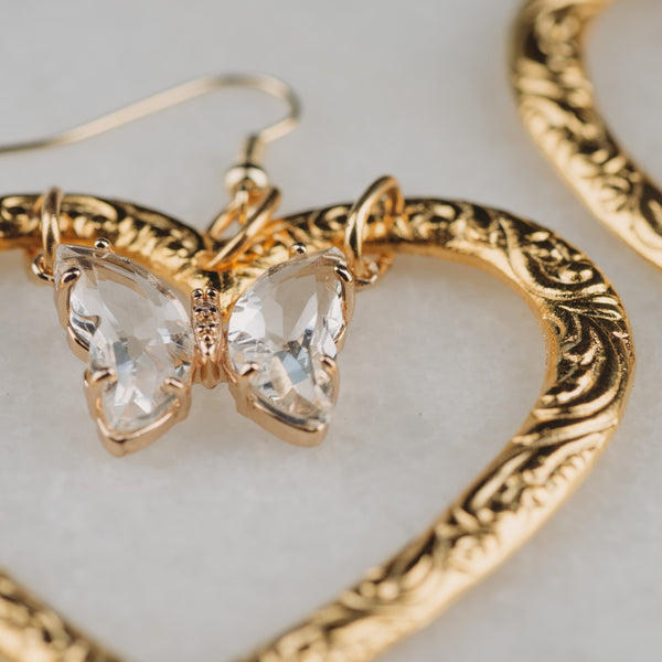Heart Earrings | Vintage Jewellery | Crystal Butterfly | Butterfly Earrings